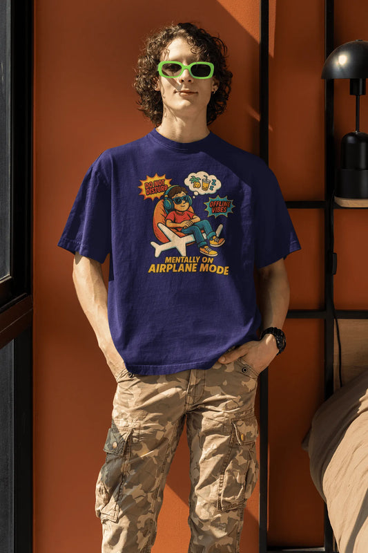 "Mentally On Airplane Mode" Oversized T-Shirt – Chill Comic Vibe | Royal Blue | 240 GSM Premium Cotton