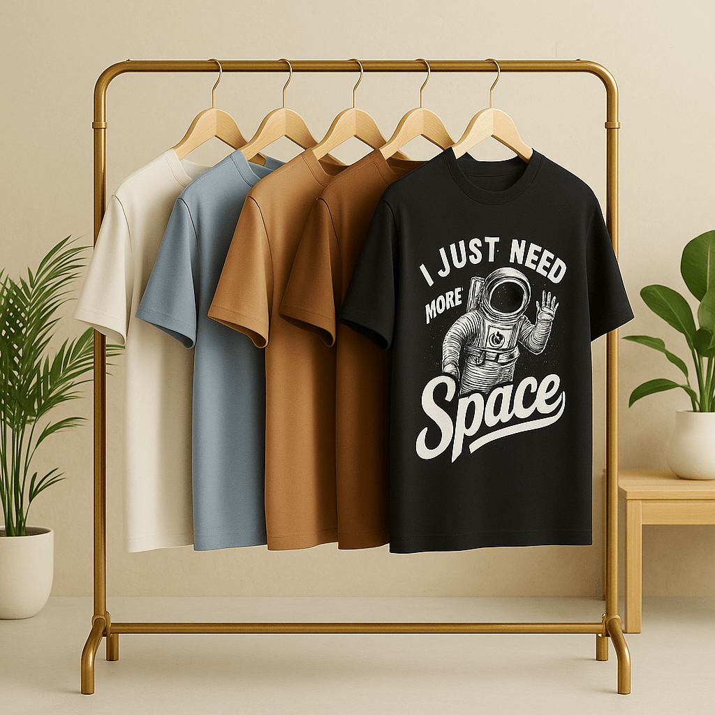 Black t-shirt with space-themed design on a gold rack with other shirts.