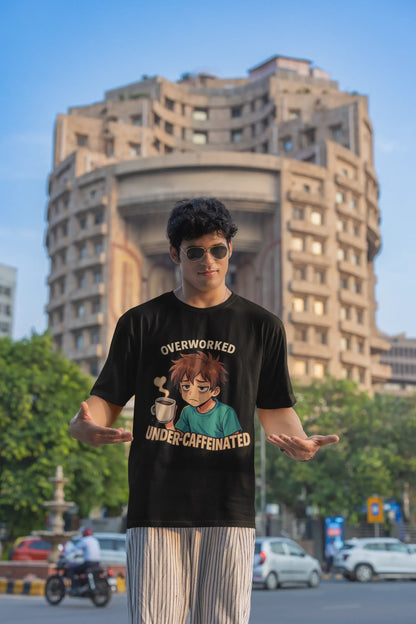 "Overworked Under-Caffeinated" Black T-Shirt – Anime Mood Tee for Gen Z Hustlers | Unisex Fit, 100% Cotton, Relatable Aesthetic