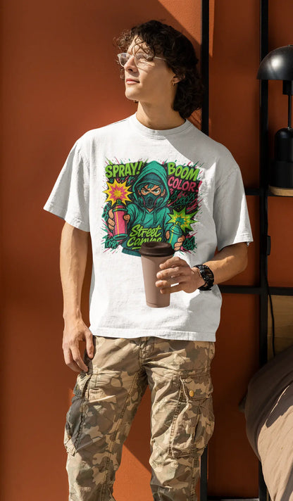“Street Canvas” Oversized Graffiti T-Shirt – Anime Comic Spray Art | Unisex 240 GSM | Gen Z Streetwear