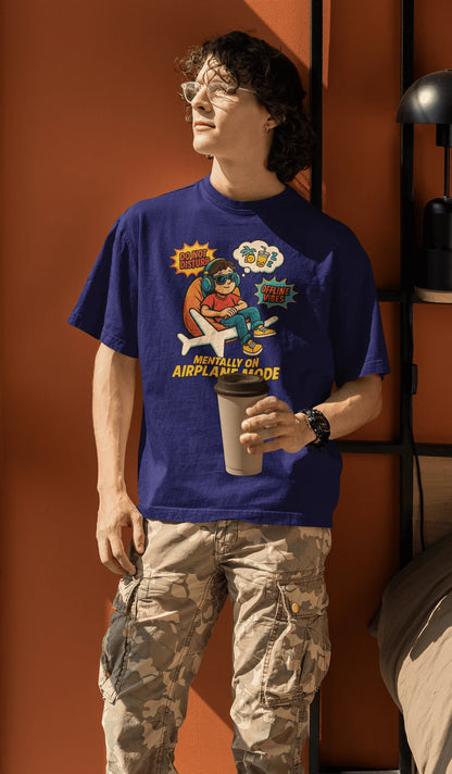 "Mentally On Airplane Mode" Oversized T-Shirt – Chill Comic Vibe | Royal Blue | 240 GSM Premium Cotton