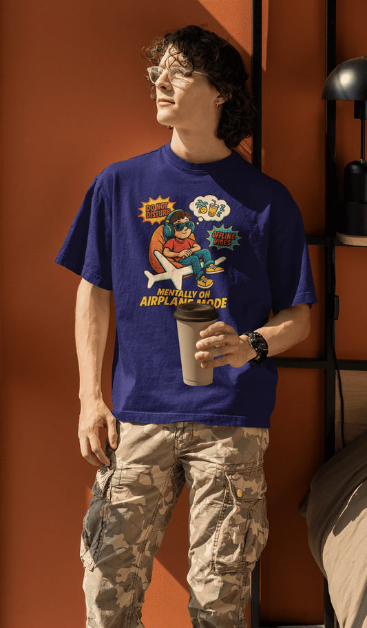 "Mentally On Airplane Mode" Oversized T-Shirt – Chill Comic Vibe | Royal Blue | 240 GSM Premium Cotton