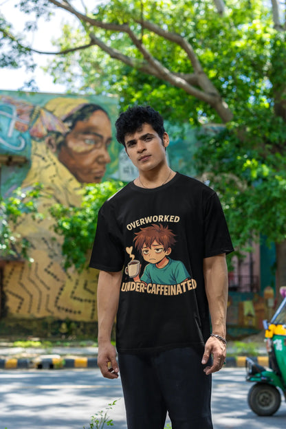 "Overworked Under-Caffeinated" Black T-Shirt – Anime Mood Tee for Gen Z Hustlers | Unisex Fit, 100% Cotton, Relatable Aesthetic