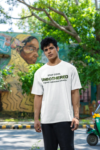 "Stay Cool Unbothered" White Unisex T-Shirt – Gen Z Streetwear Vibe | 100% Cotton, Chill-Ready Fit, Chaos-Proof Look