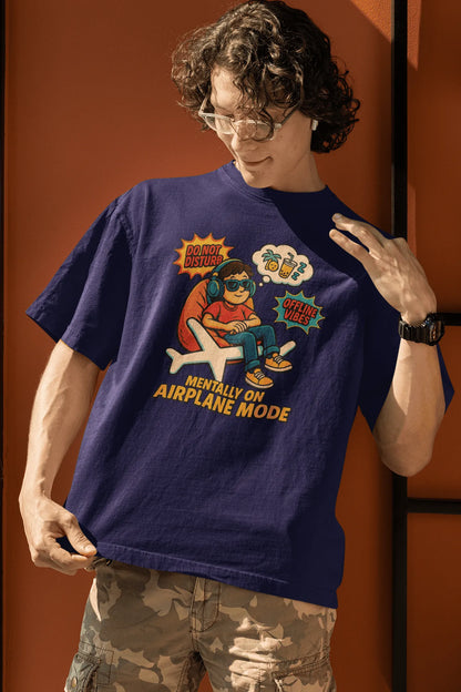 "Mentally On Airplane Mode" Oversized T-Shirt – Chill Comic Vibe | Royal Blue | 240 GSM Premium Cotton