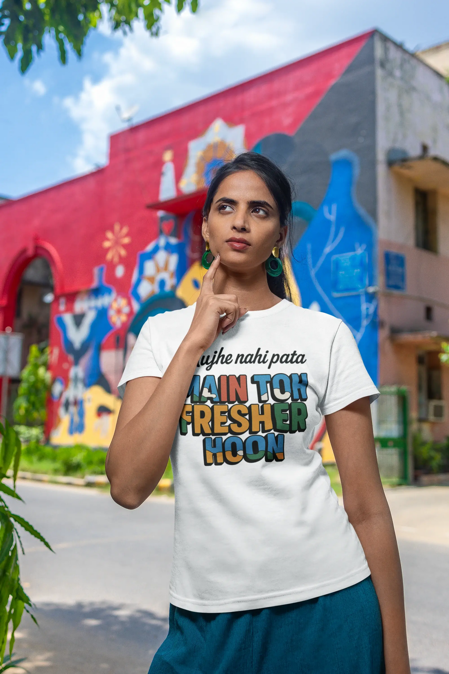 "Mujhe Nahi Pata Main Toh Fresher Hoon" White Unisex T-Shirt – Funny College Slogan Tee for Men & Women | 100% Cotton, Regular Fit, Gen Z Favorite