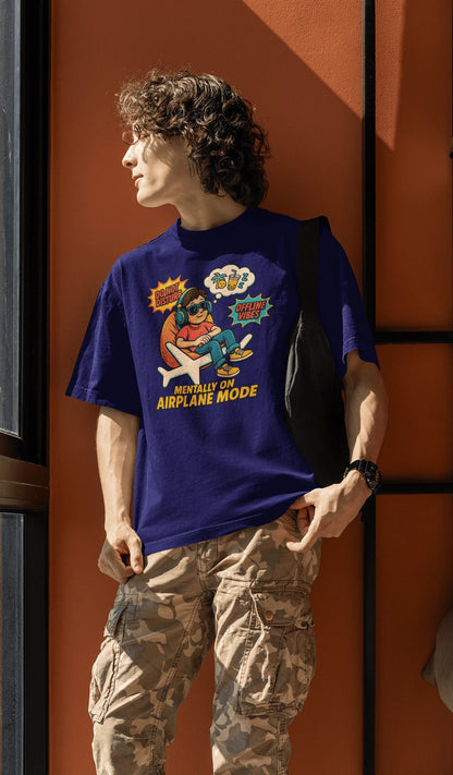 "Mentally On Airplane Mode" Oversized T-Shirt – Chill Comic Vibe | Royal Blue | 240 GSM Premium Cotton