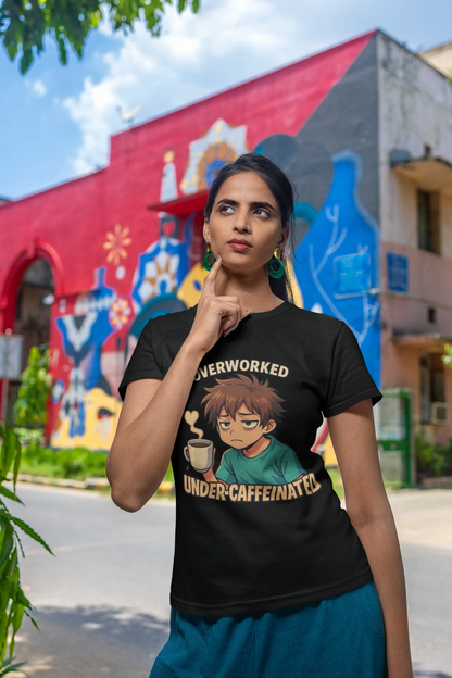 "Overworked Under-Caffeinated" Black T-Shirt – Anime Mood Tee for Gen Z Hustlers | Unisex Fit, 100% Cotton, Relatable Aesthetic