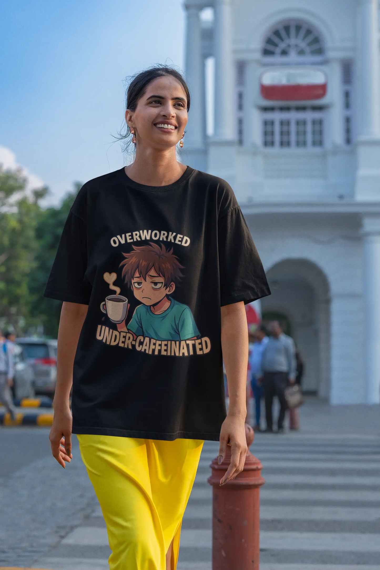 "Overworked Under-Caffeinated" Black T-Shirt – Anime Mood Tee for Gen Z Hustlers | Unisex Fit, 100% Cotton, Relatable Aesthetic