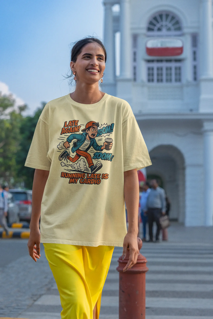 "Running Late Is My Cardio" Unisex T-Shirt – Comic Pop Art Vibe | Gen Z Moodwear | 100% Cotton