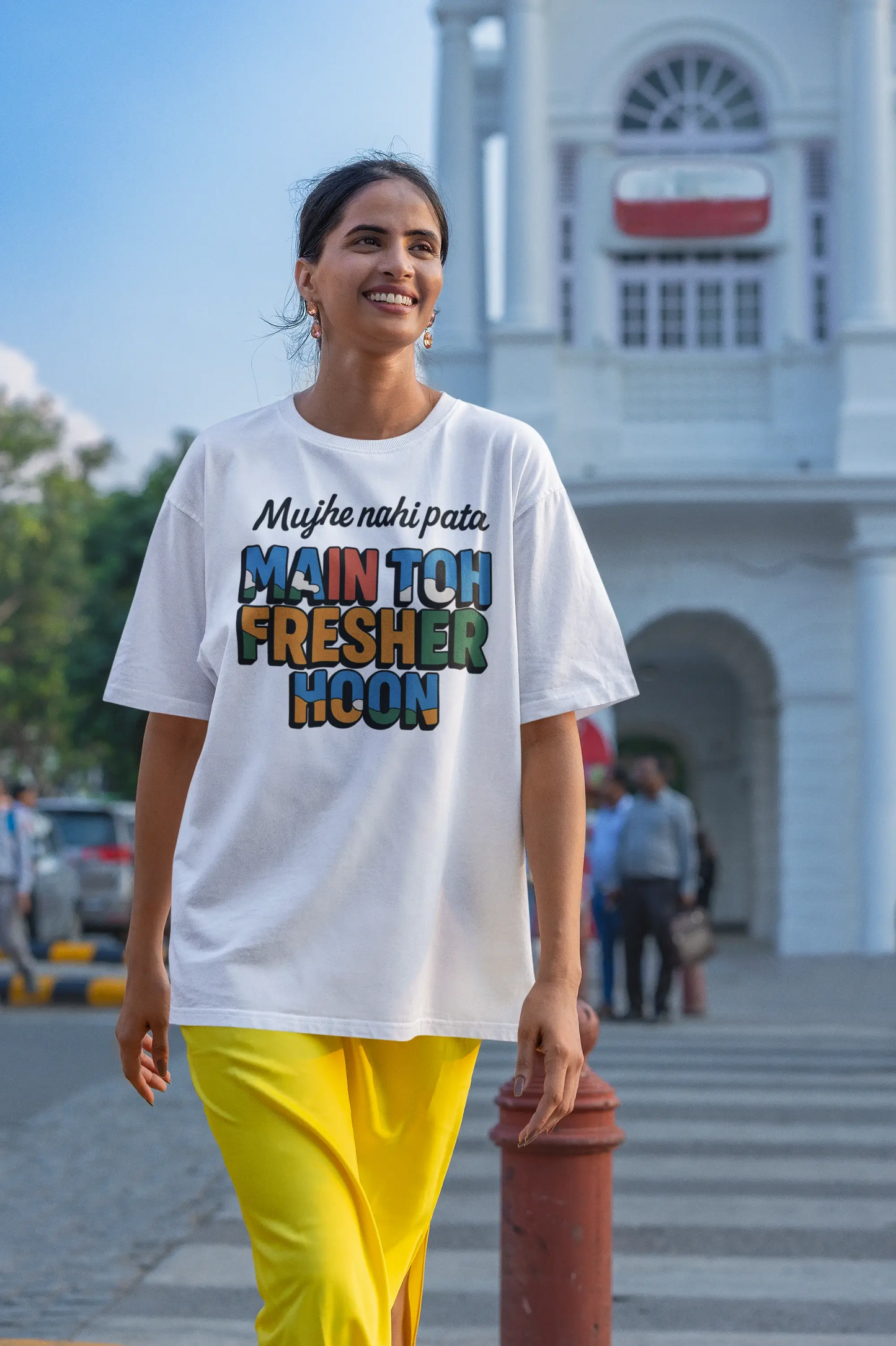 "Mujhe Nahi Pata Main Toh Fresher Hoon" White Unisex T-Shirt – Funny College Slogan Tee for Men & Women | 100% Cotton, Regular Fit, Gen Z Favorite