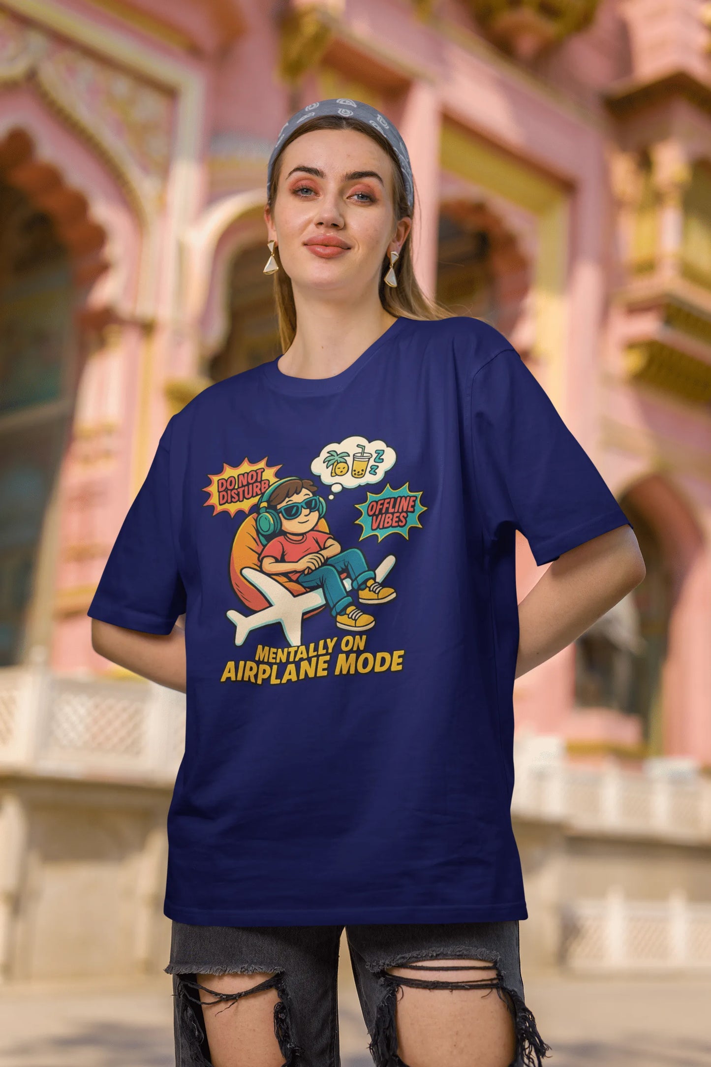 "Mentally On Airplane Mode" Oversized T-Shirt – Chill Comic Vibe | Royal Blue | 240 GSM Premium Cotton