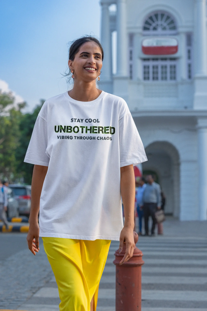 "Stay Cool Unbothered" White Unisex T-Shirt – Gen Z Streetwear Vibe | 100% Cotton, Chill-Ready Fit, Chaos-Proof Look
