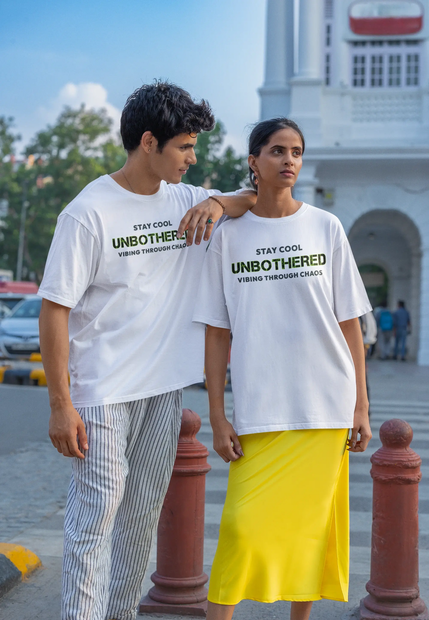 "Stay Cool Unbothered" White Unisex T-Shirt – Gen Z Streetwear Vibe | 100% Cotton, Chill-Ready Fit, Chaos-Proof Look