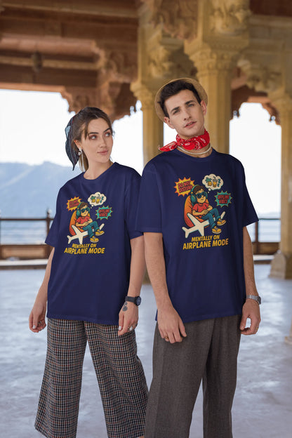 "Mentally On Airplane Mode" Oversized T-Shirt – Chill Comic Vibe | Royal Blue | 240 GSM Premium Cotton