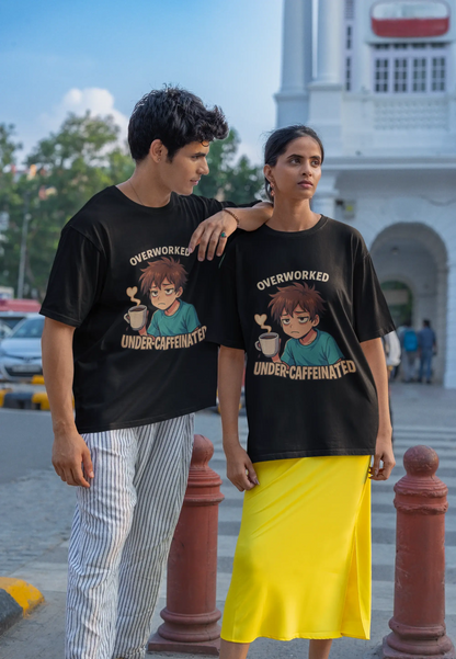"Overworked Under-Caffeinated" Black T-Shirt – Anime Mood Tee for Gen Z Hustlers | Unisex Fit, 100% Cotton, Relatable Aesthetic